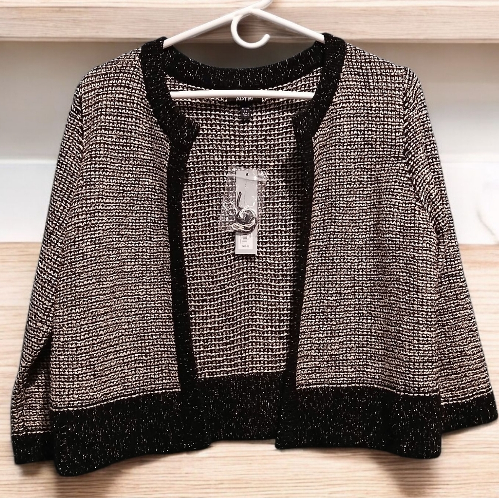 Apt 9 Black White Tweed Cropped Bolero Cardigan Metallic Womans Large Petite